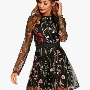 Black mesh embroidered floral dress